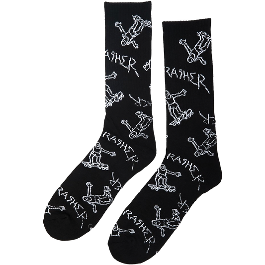 THRASHER GONZ LOGO PATTERN CREW SOCKS BLACK/WHT