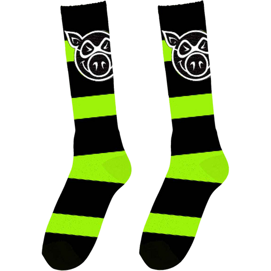 PIG HEAD STRIPE TALL SOCKS GREEN/BLK 1pr