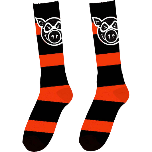 PIG HEAD STRIPE TALL SOCKS ORANGE/BLK 1pr
